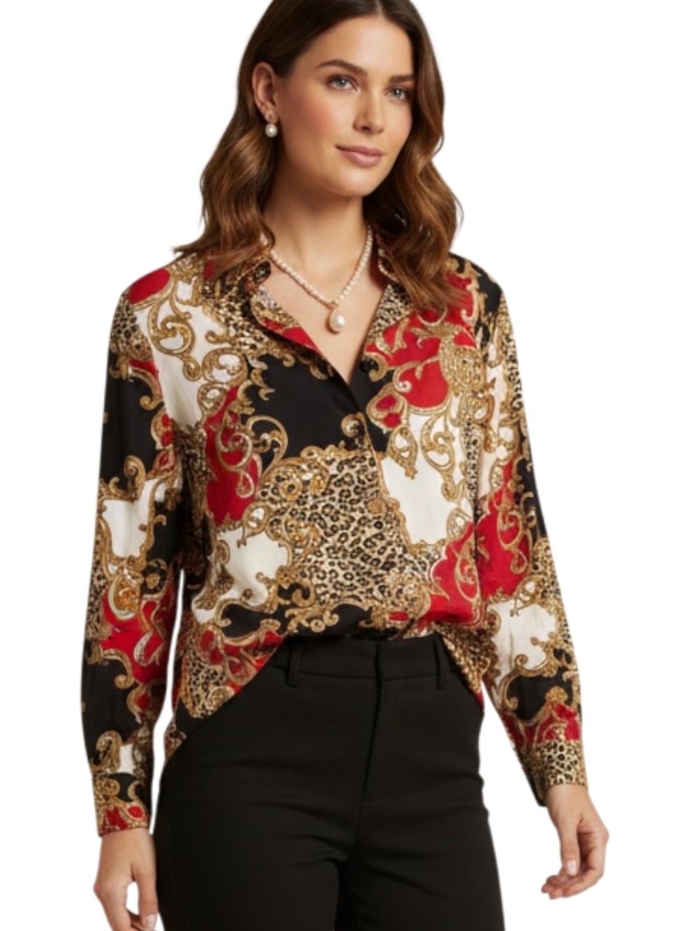 Chicos Tunic Blouse 3 XL Red Gold Leopard Paisley Cotton Button Up Rare